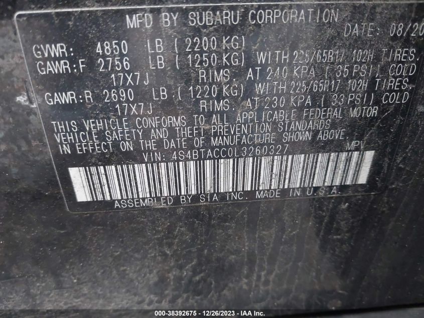 2020 SUBARU OUTBACK PREMIUM - 4S4BTACC0L3260327