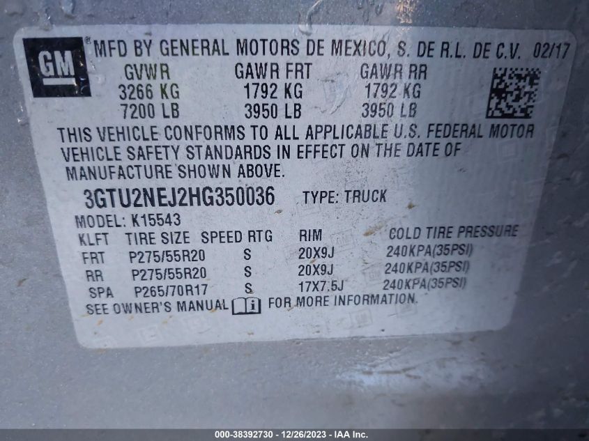 2017 GMC SIERRA 1500 SLT - 3GTU2NEJ2HG350036