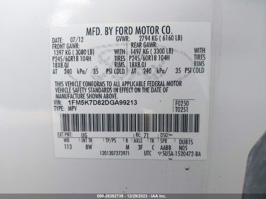 2013 FORD EXPLORER XLT - 1FM5K7D82DGA99213