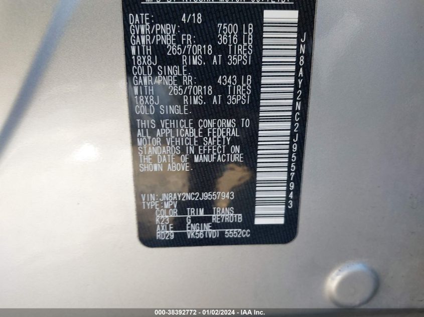 2018 NISSAN ARMADA SV/SL/PLATINUM - JN8AY2NC2J9557943