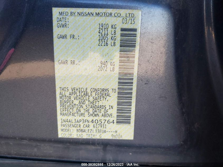 2015 NISSAN ALTIMA 2.5 S - 1N4AL3AP3FN405764