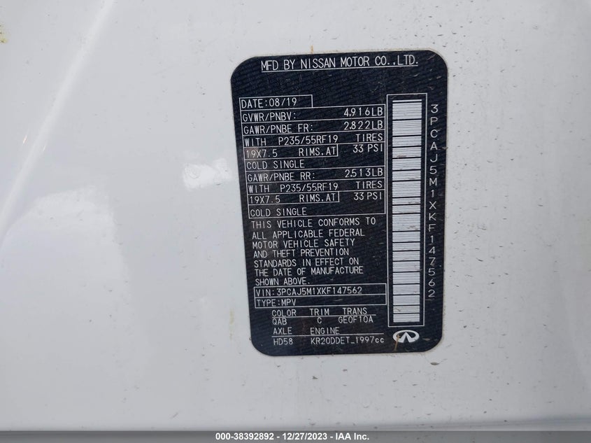 VIN 3PCAJ5M1XKF147562 2019 INFINITI QX50 LUXE