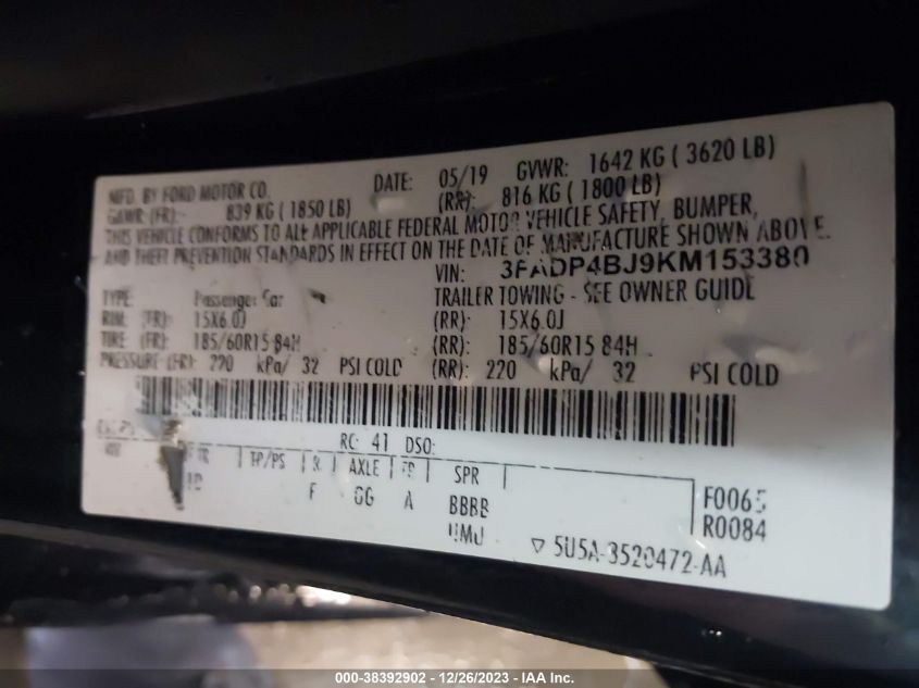 2019 FORD FIESTA SE - 3FADP4BJ9KM153380