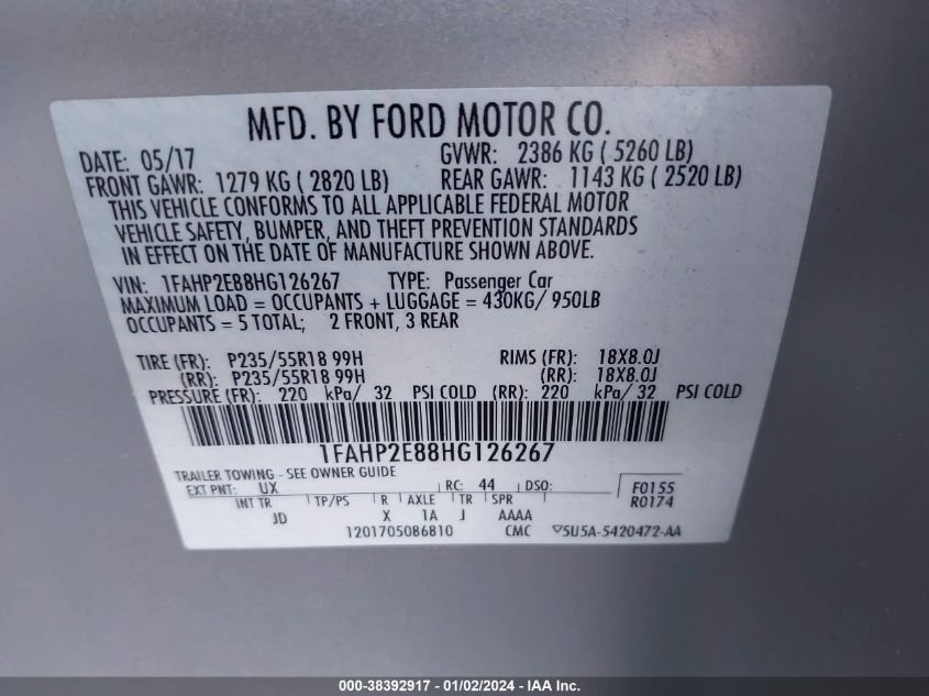 2017 FORD TAURUS SEL - 1FAHP2E88HG126267