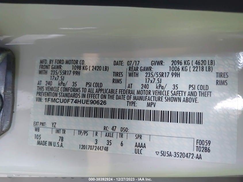 VIN 1FMCU0F74HUE90626 2017 FORD ESCAPE S