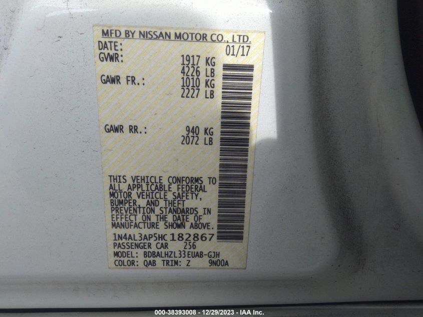 2017 NISSAN ALTIMA 2.5/S/SV/SL/SR - 1N4AL3AP5HC182867
