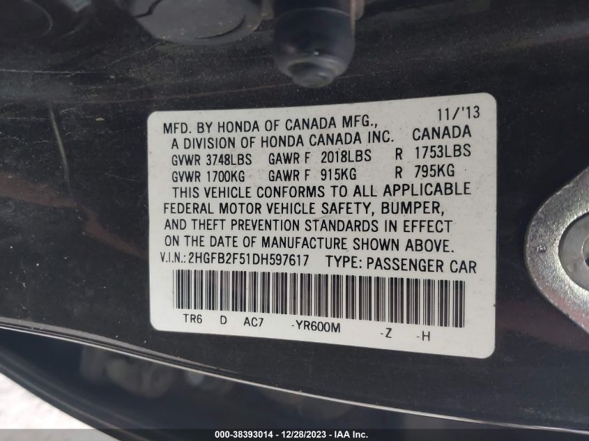 2013 HONDA CIVIC LX - 2HGFB2F51DH597617