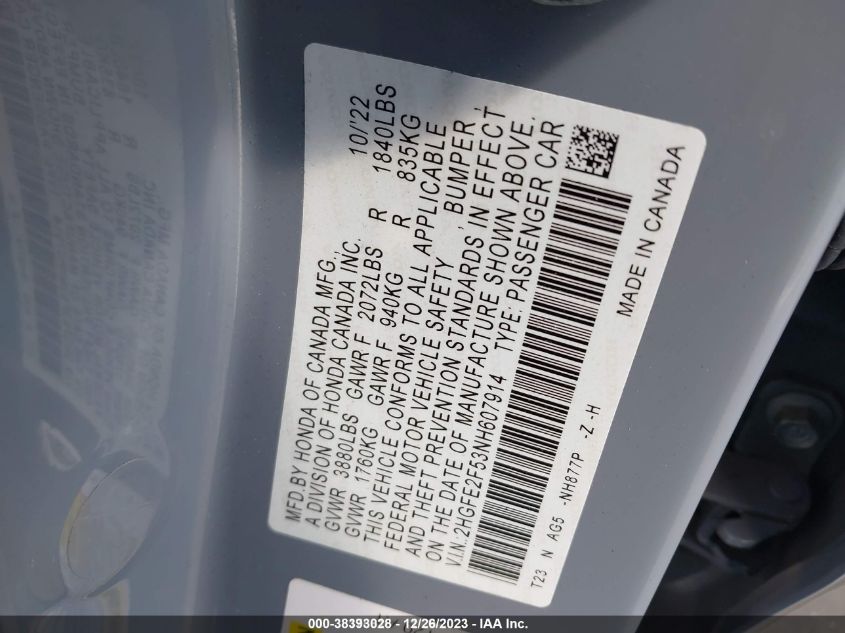 2022 HONDA CIVIC SPORT - 2HGFE2F53NH607914
