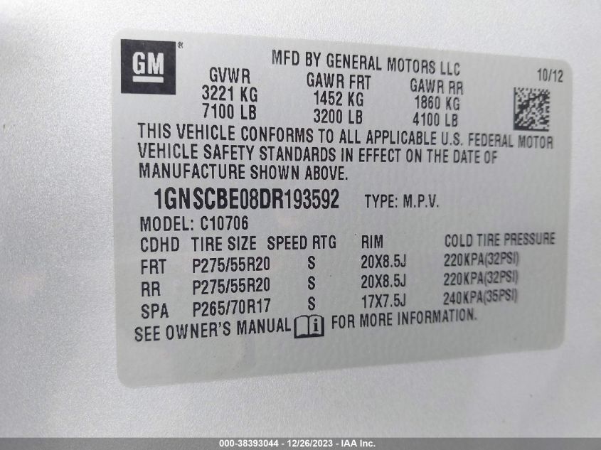 2013 CHEVROLET TAHOE LT - 1GNSCBE08DR193592