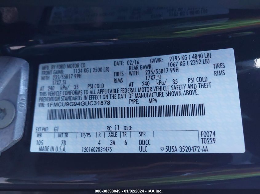 2016 FORD ESCAPE SE - 1FMCU9G94GUC31878