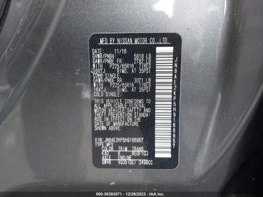 2017 NISSAN QUEST S/SV/SL/PLATINUM - JN8AE2KP5H9166957