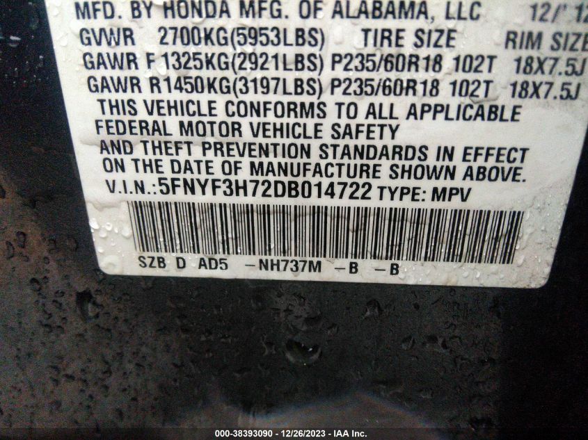 2013 HONDA PILOT EX-L - 5FNYF3H72DB014722