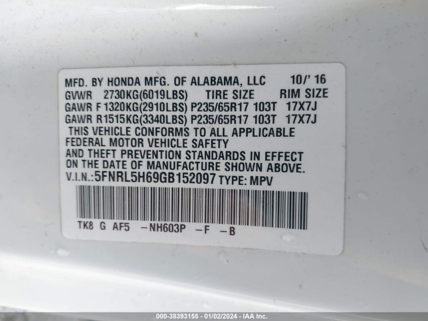 2016 HONDA ODYSSEY EX-L - 5FNRL5H69GB152097