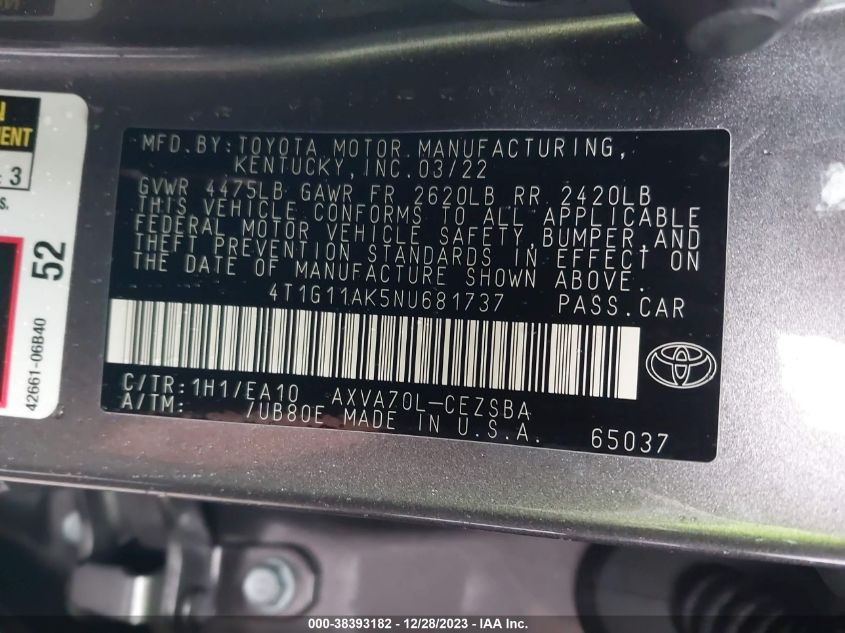 2022 TOYOTA CAMRY SE/SE NIGHT SHADE - 4T1G11AK5NU681737