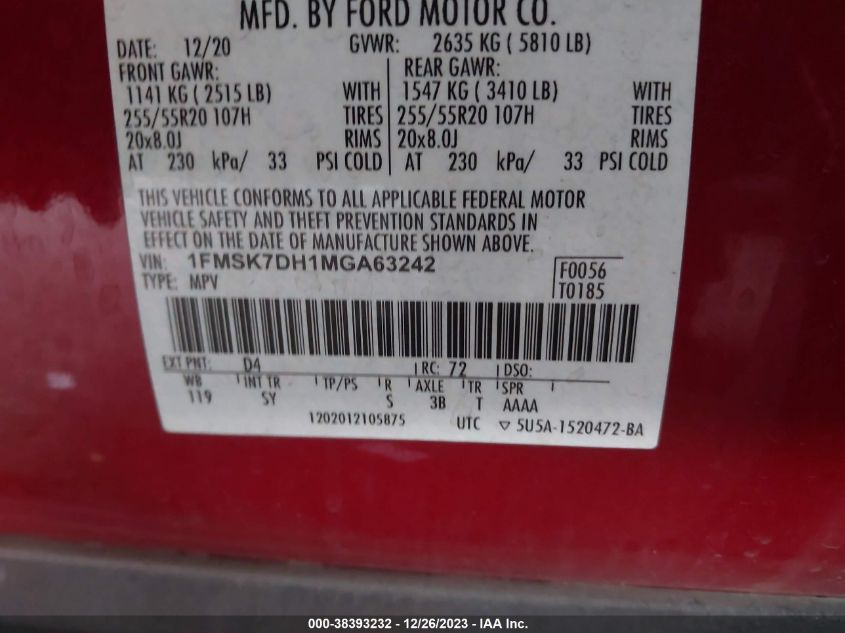 2021 FORD EXPLORER XLT - 1FMSK7DH1MGA63242