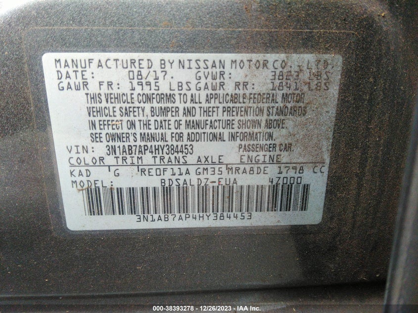 VIN 3N1AB7AP4HY384453 2017 NISSAN SENTRA SV