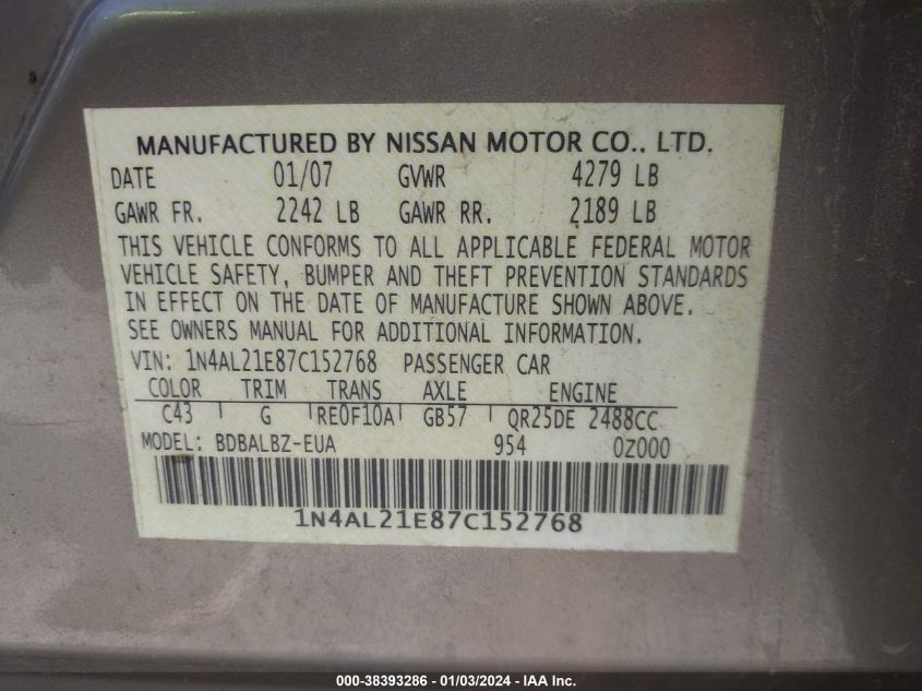 1N4AL21E87C152768 | 2007 NISSAN ALTIMA