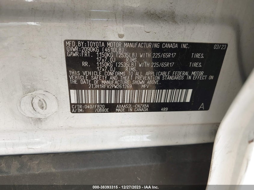 VIN 2T3H1RFV2PW261269 2023 TOYOTA RAV4 LE