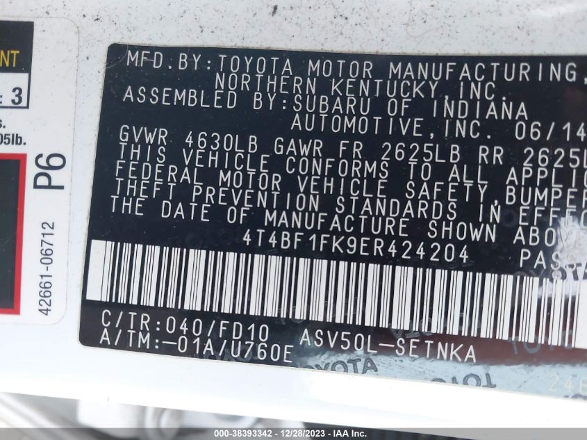 2014 TOYOTA CAMRY L/SE/LE/XLE - 4T4BF1FK9ER424204