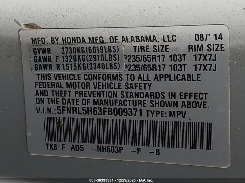 2015 HONDA ODYSSEY EX-L - 5FNRL5H63FB009371