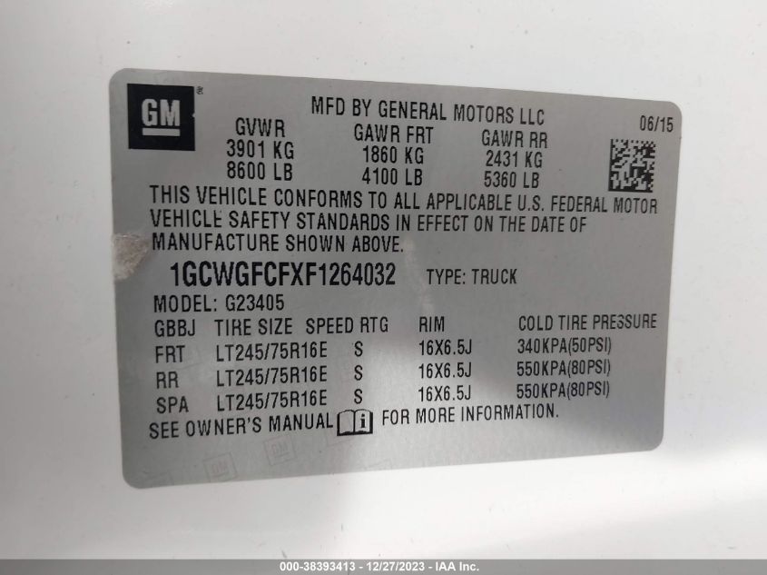2015 CHEVROLET EXPRESS 2500 WORK VAN 1GCWGFCFXF1264032