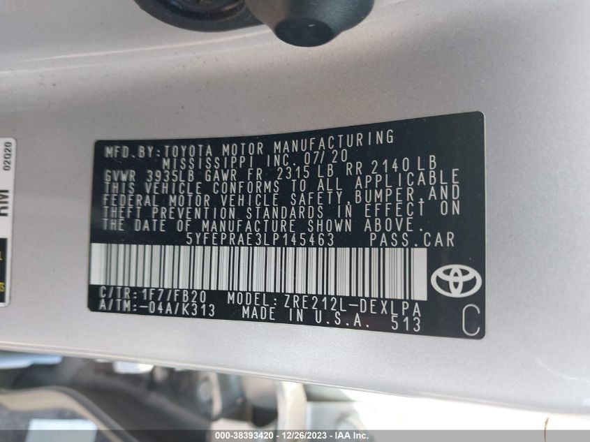 2020 TOYOTA COROLLA LE - 5YFEPRAE3LP145463