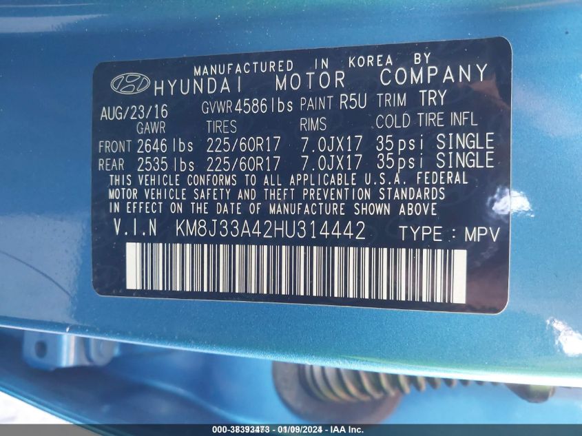 2017 HYUNDAI TUCSON - KM8J33A42HU314442