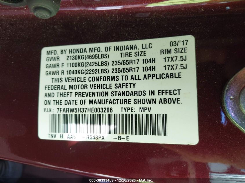 2017 HONDA CR-V LX - 7FARW5H37HE003206