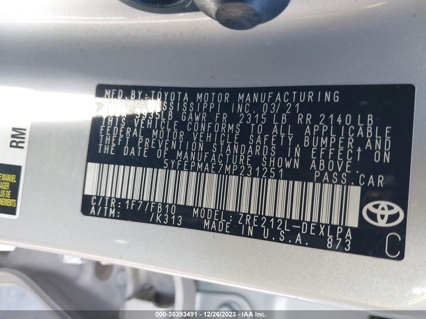 VIN 5YFEPMAE7MP231251 2021 TOYOTA COROLLA LE