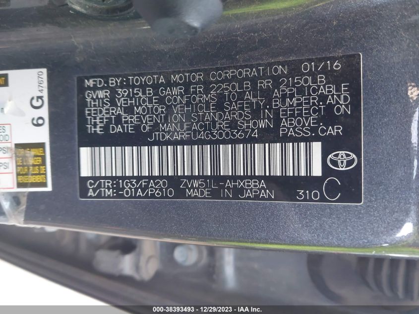 2016 TOYOTA PRIUS TWO ECO - JTDKARFU4G3003674