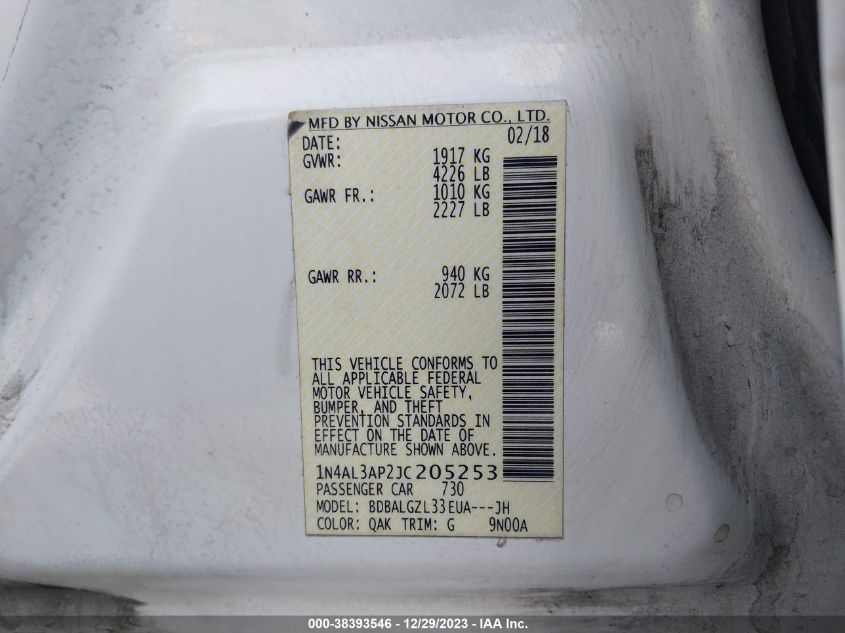 2018 NISSAN ALTIMA 2.5/S/SV/SL/SR - 1N4AL3AP2JC205253