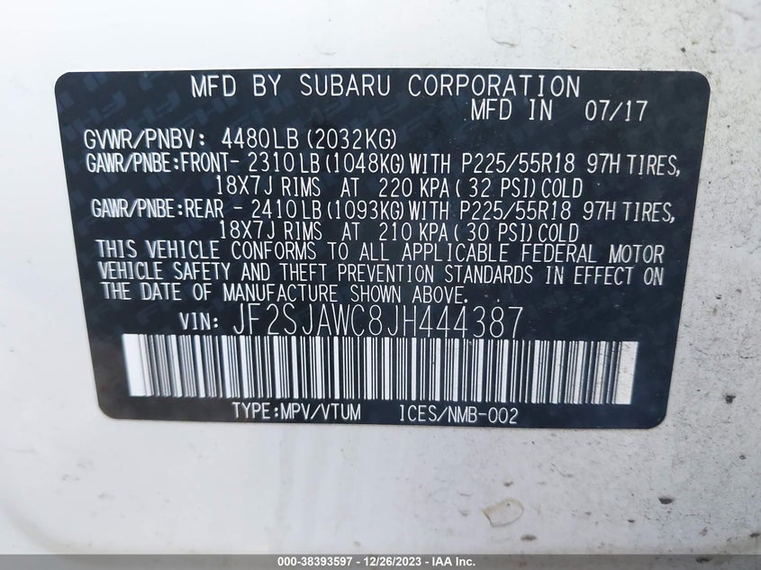 VIN JF2SJAWC8JH444387 2018 SUBARU FORESTER 2.5I TOURING