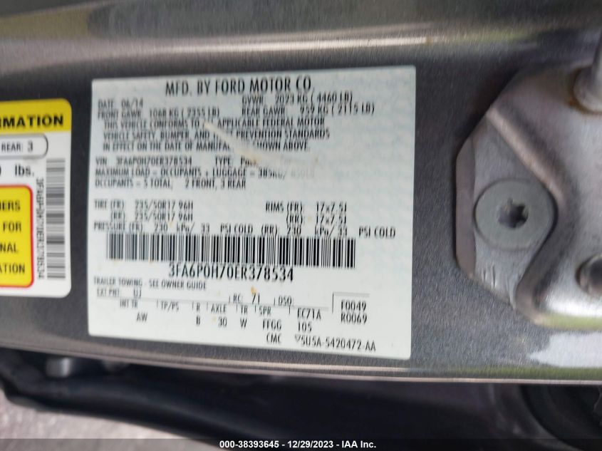 2014 FORD FUSION SE - 3FA6P0H70ER378534