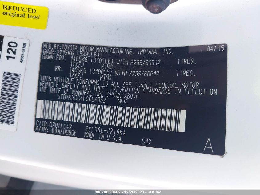 2015 TOYOTA SIENNA XLE PREMIUM 8 PASSENGER - 5TDYK3DC4FS604952
