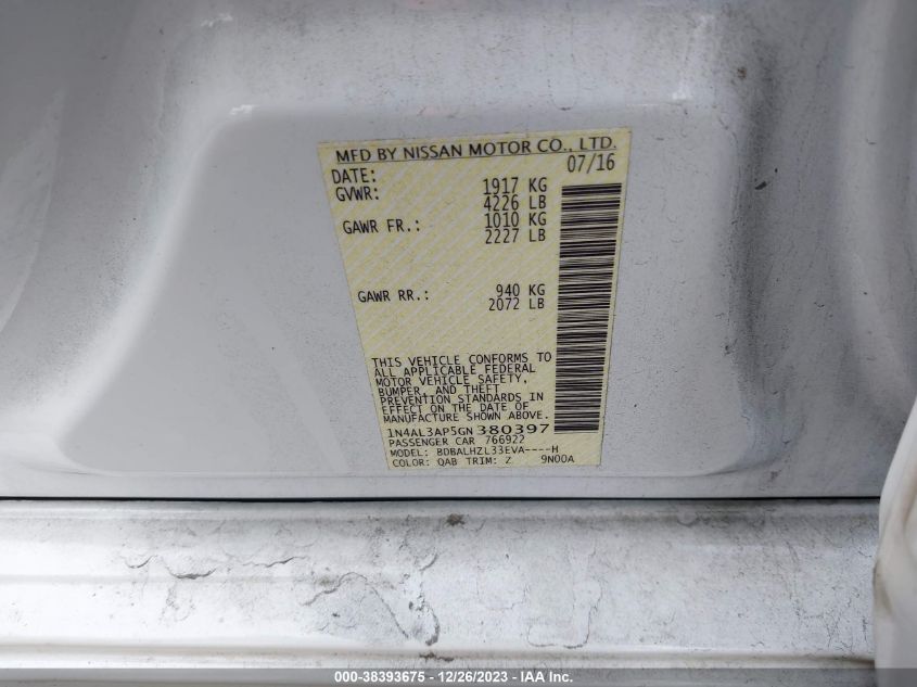 2016 NISSAN ALTIMA 2.5/S/SV/SL/SR - 1N4AL3AP5GN380397