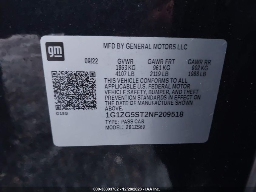2022 CHEVROLET MALIBU RS - 1G1ZG5ST2NF209518