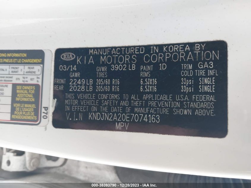 KNDJN2A20E7074163 | 2014 KIA SOUL