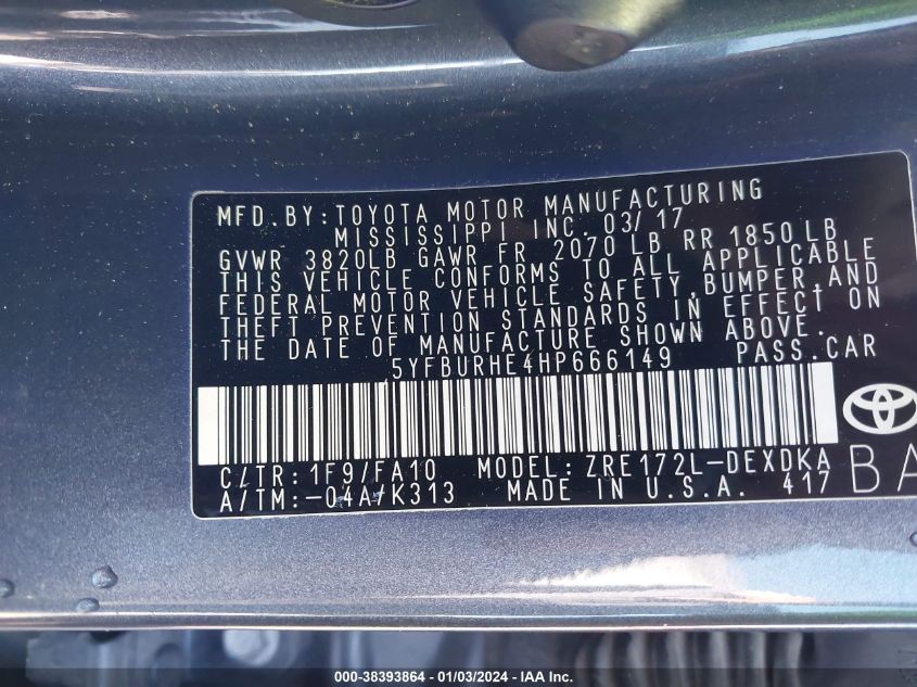 2017 TOYOTA COROLLA L - 5YFBURHE4HP666149