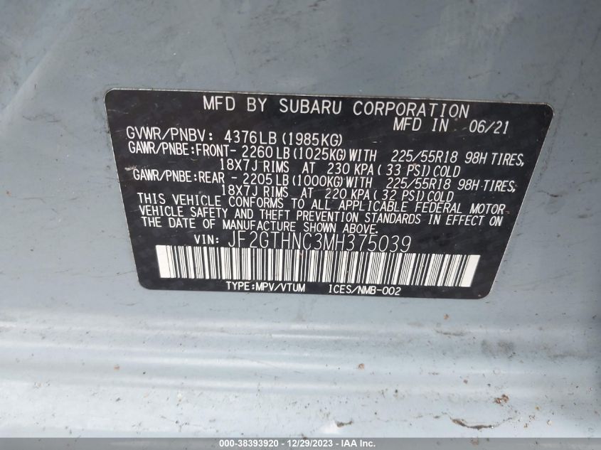 VIN JF2GTHNC3MH375039 2021 SUBARU CROSSTREK LIMITED