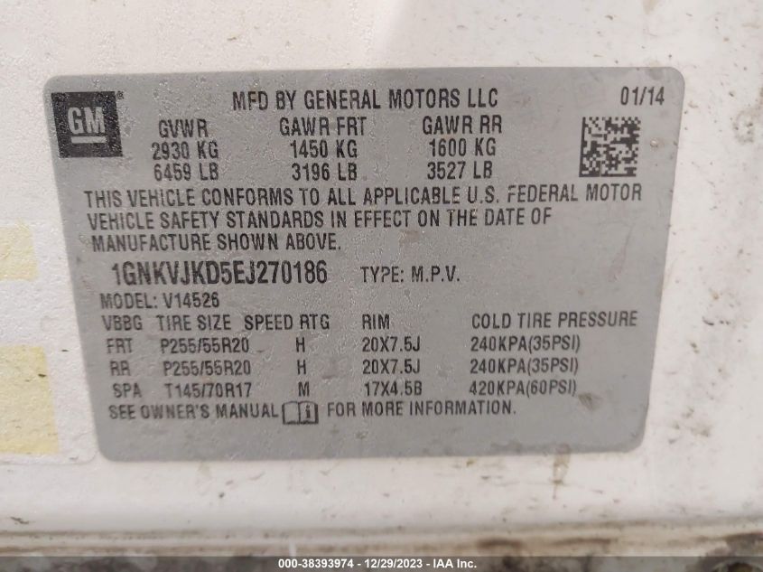 2014 CHEVROLET TRAVERSE LTZ - 1GNKVJKD5EJ270186