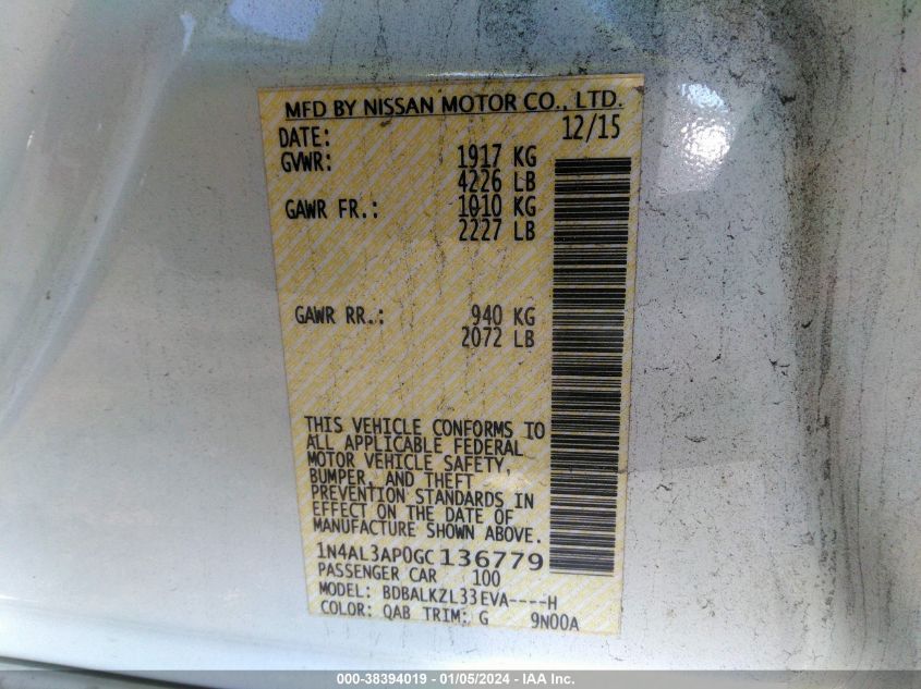 2016 NISSAN ALTIMA 2.5 SV - 1N4AL3AP0GC136779