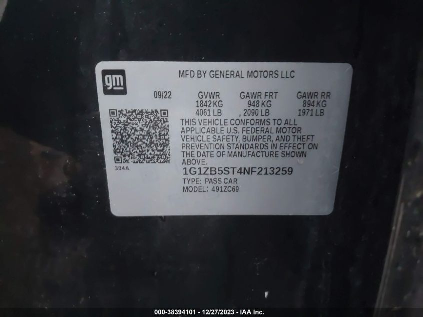 1G1ZB5ST4NF213259 | 2022 CHEVROLET MALIBU