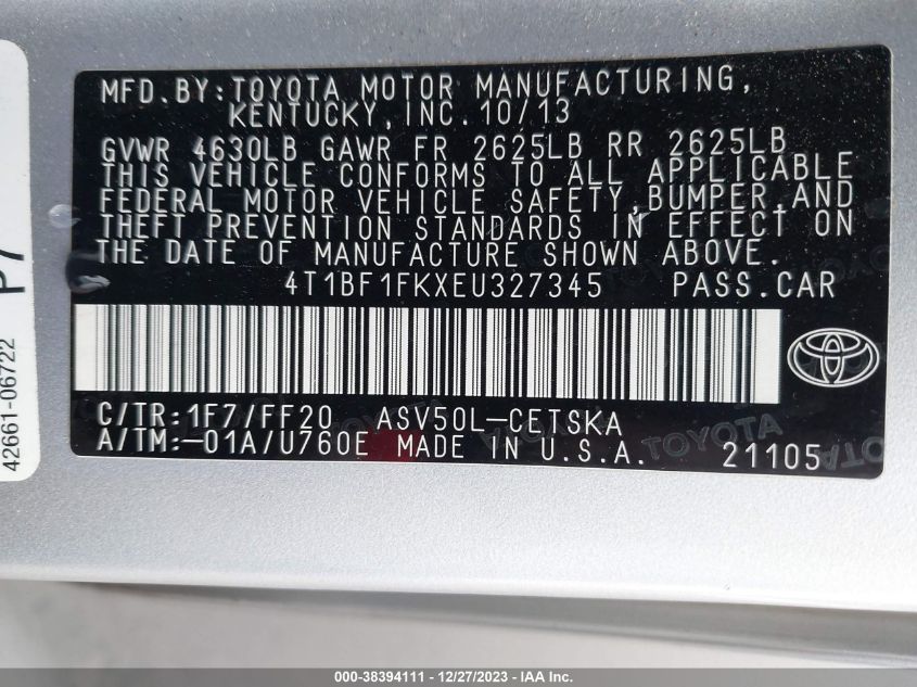 2014 TOYOTA CAMRY SE - 4T1BF1FKXEU327345