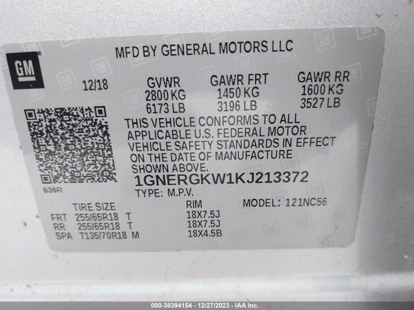 2019 CHEVROLET TRAVERSE LT - 1GNERGKW1KJ213372