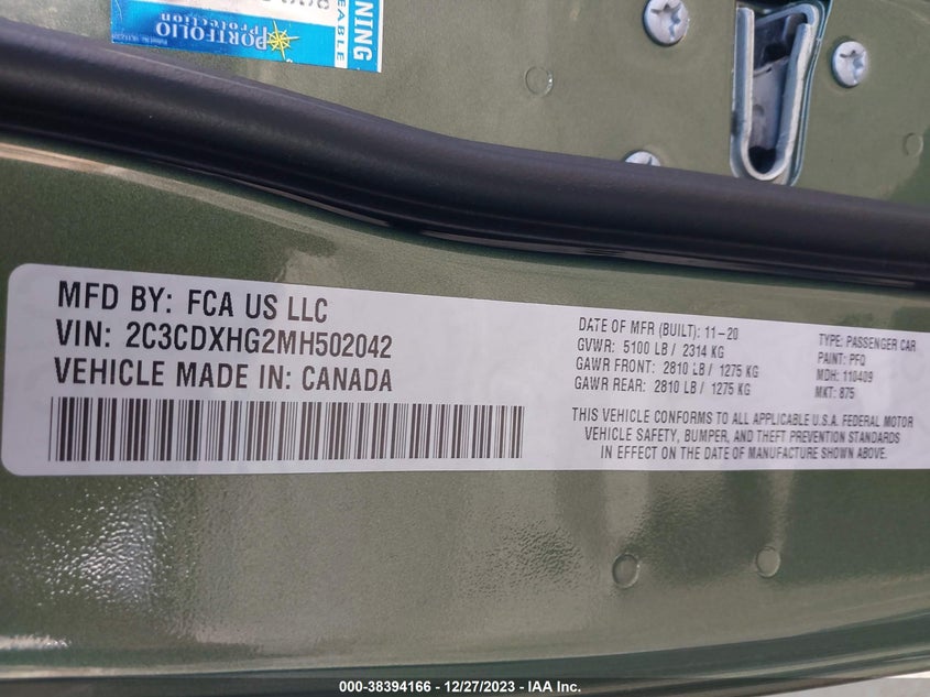 VIN 2C3CDXHG2MH502042 2021 DODGE CHARGER GT