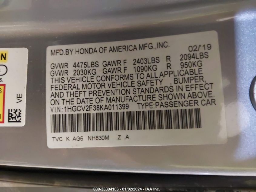 2019 HONDA ACCORD SPORT 2.0T - 1HGCV2F38KA011399