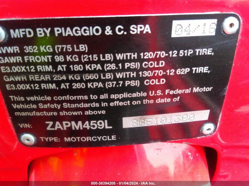 2016 VESPA GTS 300 SUPER ZAPM459L8G5101380