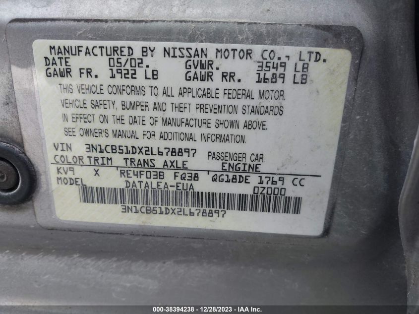 3N1CB51DX2L678897 | 2002 NISSAN SENTRA