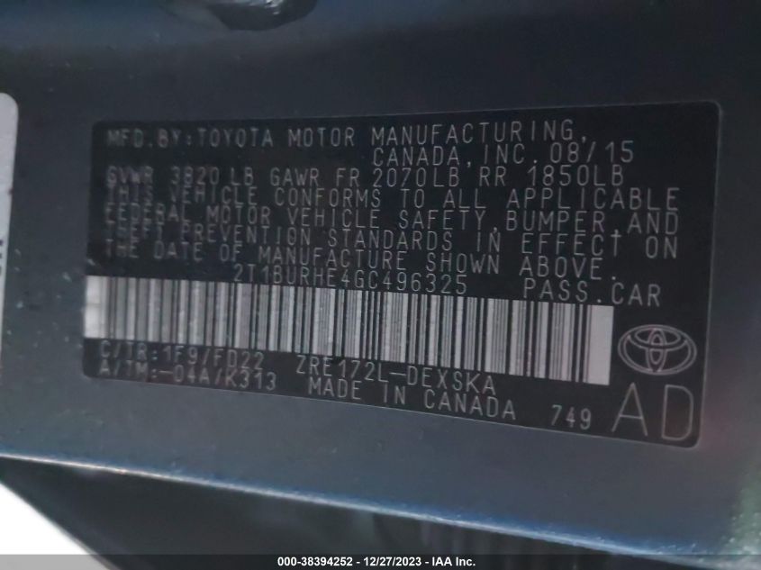 2016 TOYOTA COROLLA S PLUS - 2T1BURHE4GC496325