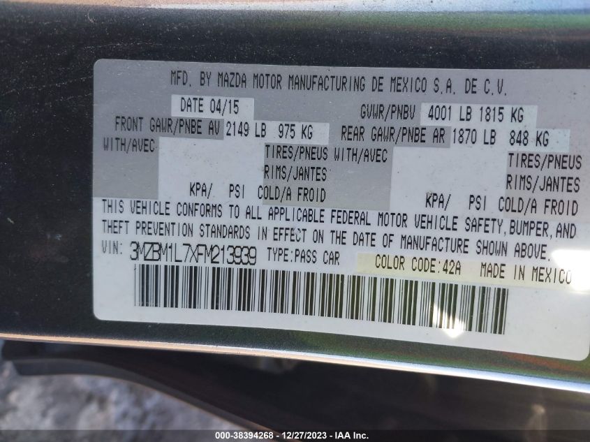 2015 MAZDA MAZDA3 I TOURING - 3MZBM1L7XFM213939